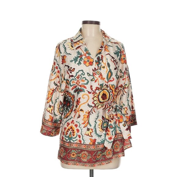 Zara Outerwear Duster Kimono Jacket M White Floral Thick Fabric Open Front Flowy - Picture 1 of 5